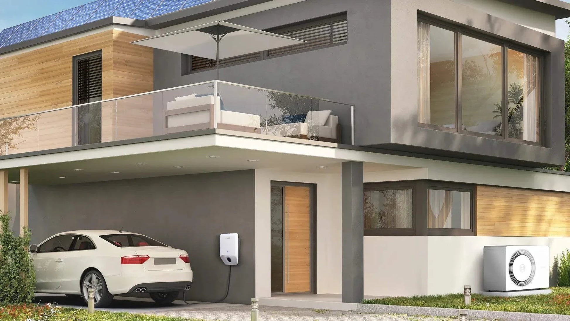 Bosch Power Charge 7000i smart home wallbox charger installed on modern house exterior with electric car charging via Type 2 cable.