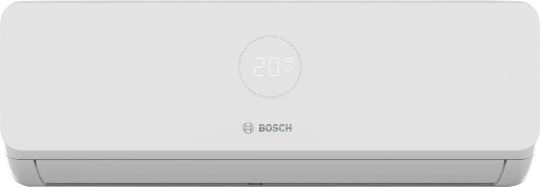 Bosch Climate 3200i inverter air conditioner with remote, outdoor unit, energy efficient A++ cooling, A+ heating, 3D swing, ionizer, WiFi control, and corrosion protection in matte white design