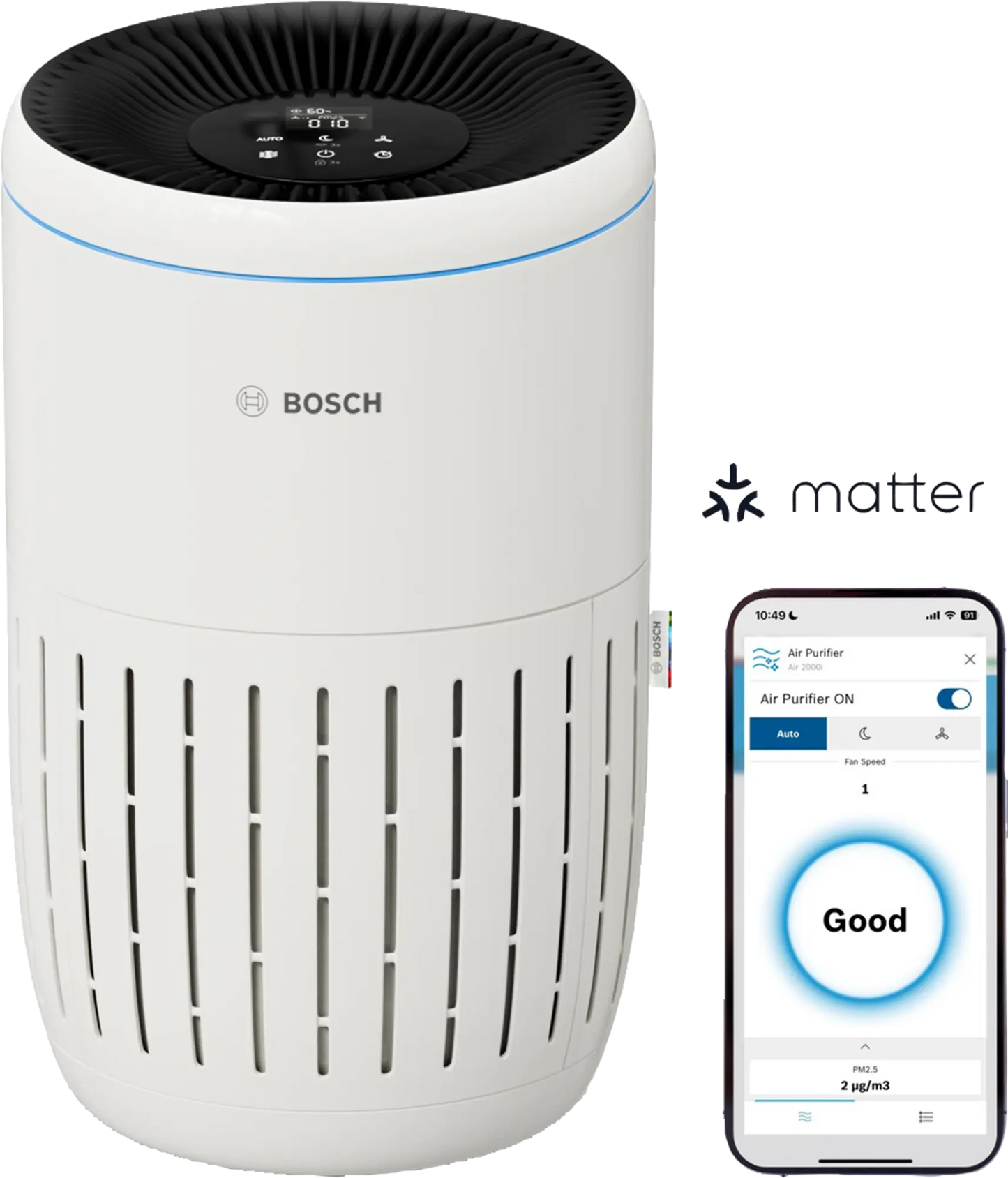 Bosch Air 2000i compact air purifier with 3-layer filtration and app control showing air Qualität "Good" on smartphone.