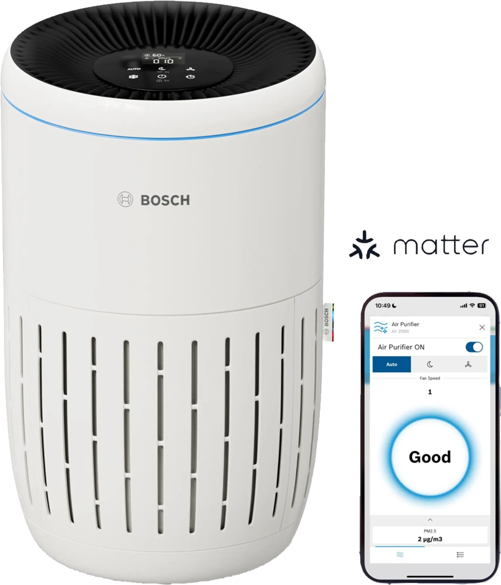 Bosch Air 2000i compact air purifier with 3-layer filtration and app control showing air quality "Good" on smartphone.