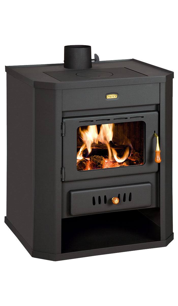 Black Kaminofen Prity WD wood-burning stove with glass door, wooden handles, and high efficiency heating Leistung.