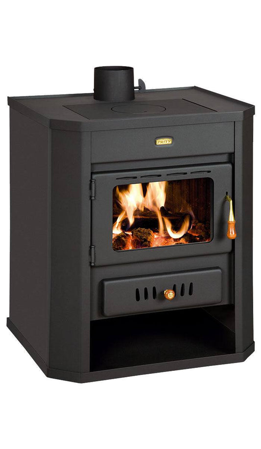 Black Kaminofen Prity WD wood-burning stove with glass door, wooden handles, and high efficiency heating Leistung.
