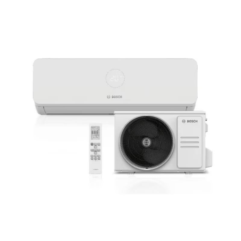 Bosch Climate 3200i inverter air conditioner with remote, outdoor unit, energy efficient A++ cooling, A+ heating, 3D swing, ionizer, WiFi control, and corrosion protection in matte white design
