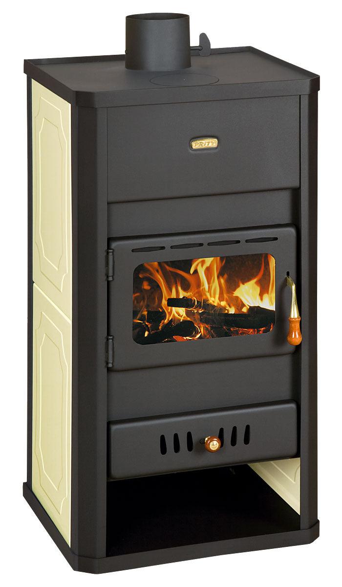 Fireplace PRITY S3 W13 wood-burning stove with water jacket, 13 kW heat output, energy class A, 80% efficiency, and glass door showing flames