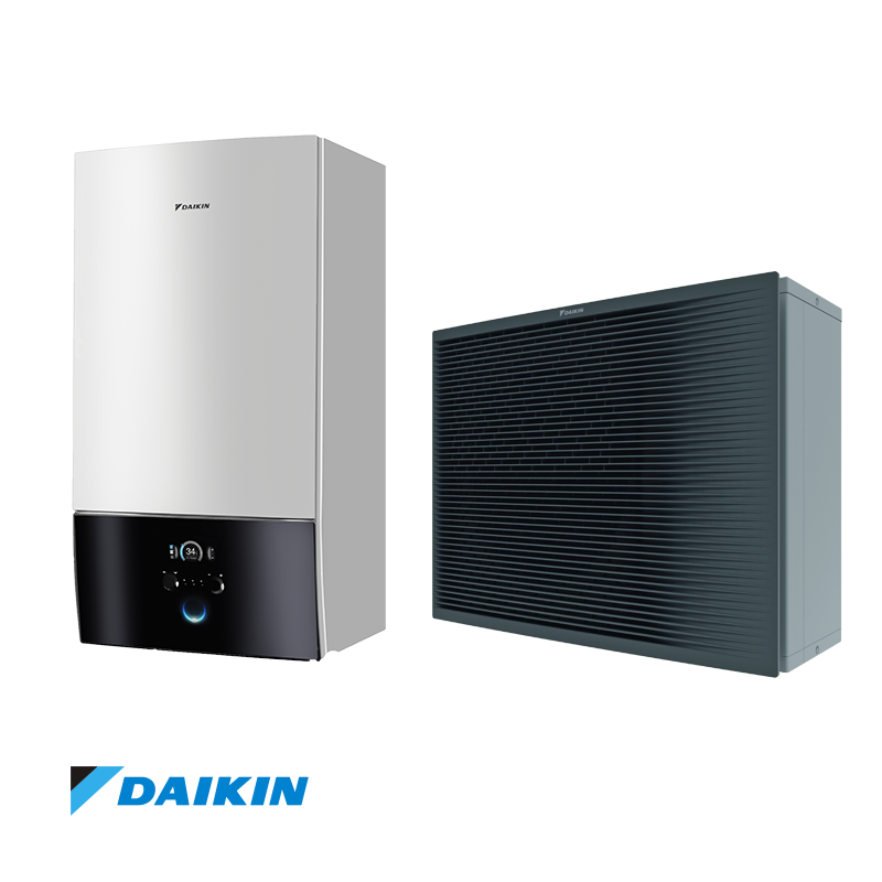 Daikin Altherma ETBX12E9W eco-friendly mid-temperature heat pump with compact wall-mounted indoor unit and outdoor cooling unit for heating and hot water.