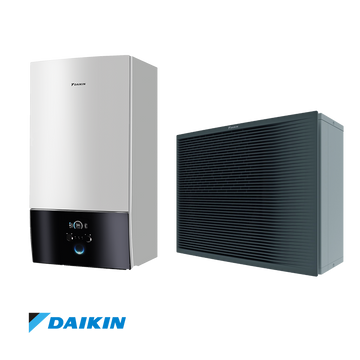 Daikin Altherma ETBX12E9W eco-friendly mid-temperature heat pump with compact wall-mounted indoor unit and outdoor cooling unit for heating and hot water.