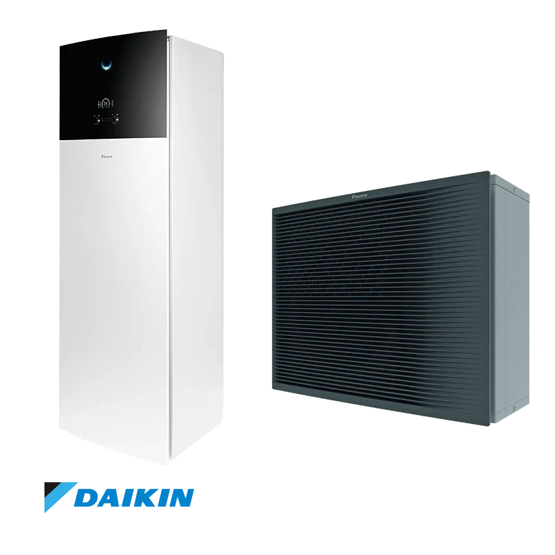 Daikin Altherma high-temperature heat pump with integrated 230L water tank, efficient heating and cooling with R-32 refrigerant, suitable for extreme outdoor temperatures and underfloor heating.