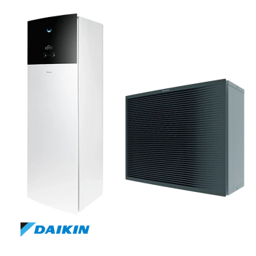 Daikin Altherma high-temperature heat pump with integrated 230L water tank, efficient heating and cooling with R-32 refrigerant, suitable for extreme outdoor temperatures and underfloor heating.