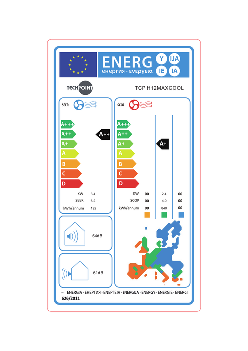 EU-Energielabel TechPoint TCP H12 MAXCOOL – Kühlen A++ (SEER 6,2) / Heizen A+ (SCOP 4,0)