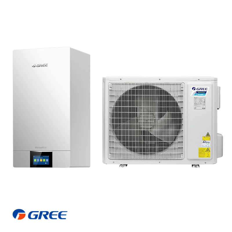 GREE VERSATI III split air-to-water heat pump with indoor and outdoor units for heating, cooling, and domestic hot water.