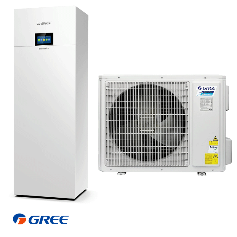 Gree Versati III heat pump with integrated tank for heating, cooling, and domestic hot water with eco-friendly R-32 refrigerant and smart Wi-Fi control
