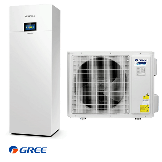 Gree Versati III heat pump with integrated tank for heating, cooling, and domestic hot water with eco-friendly R-32 refrigerant and smart Wi-Fi control
