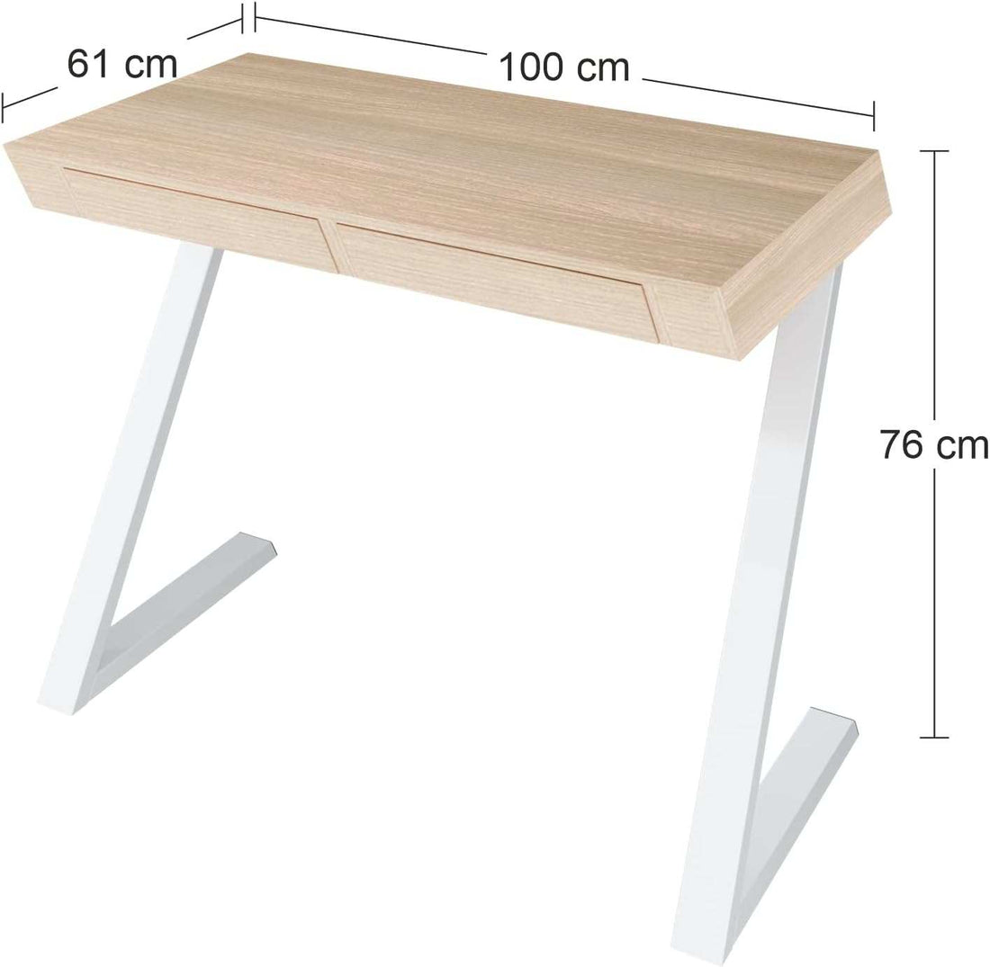 Modern Nith Desk with oak veneer top and white steel legs, 100 x 76 cm compact workspace