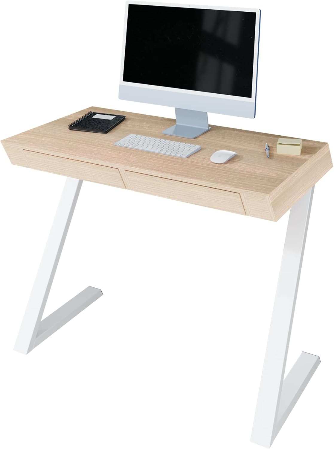 Modern Nith Desk with oak veneer top and white steel legs, 100x76 cm compact workspace