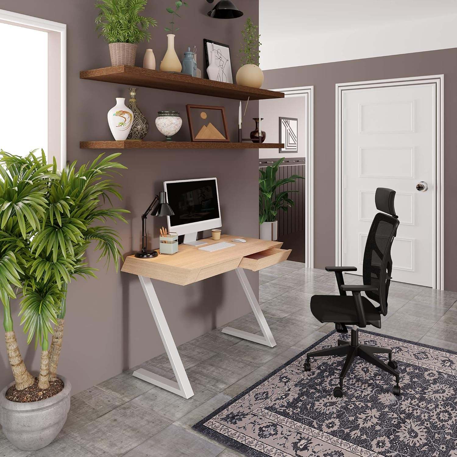 Modern Nith Desk with oak veneer top and white steel legs in minimalist home office setup