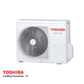 Toshiba Shorai Edge inverter air conditioner outdoor unit in white with red logo, energy-efficient and quiet operation.
