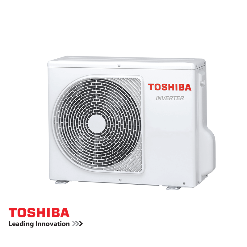 Toshiba Shorai Edge inverter air conditioner outdoor unit in white with red logo, energy-efficient and quiet operation.