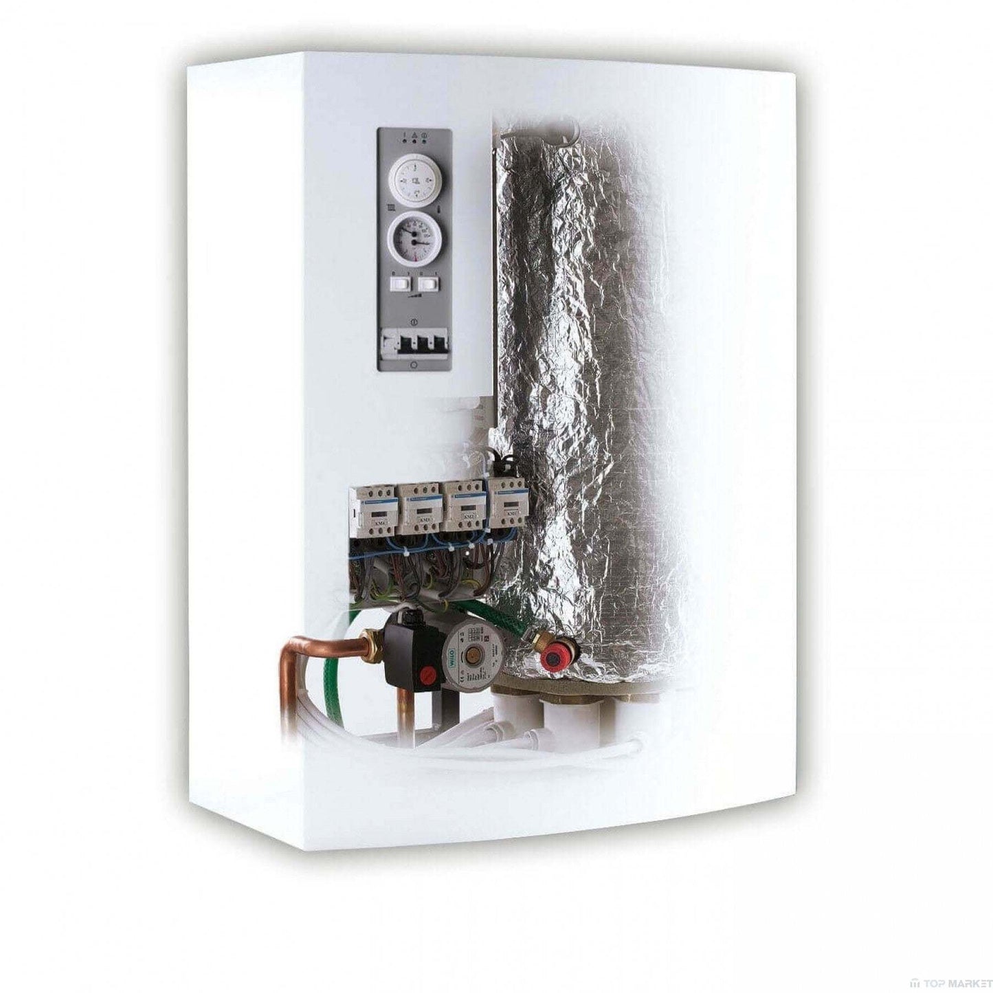 Electric boiler Bosch Tronic 5000 H 30 kW with built-in pump and safety valve, compact design, and energy class D
