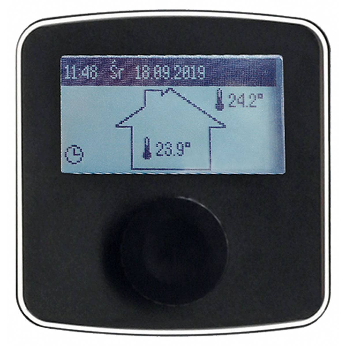 Display panel of Viessmann Vitotron 100 electric boiler control unit showing temperature settings and date