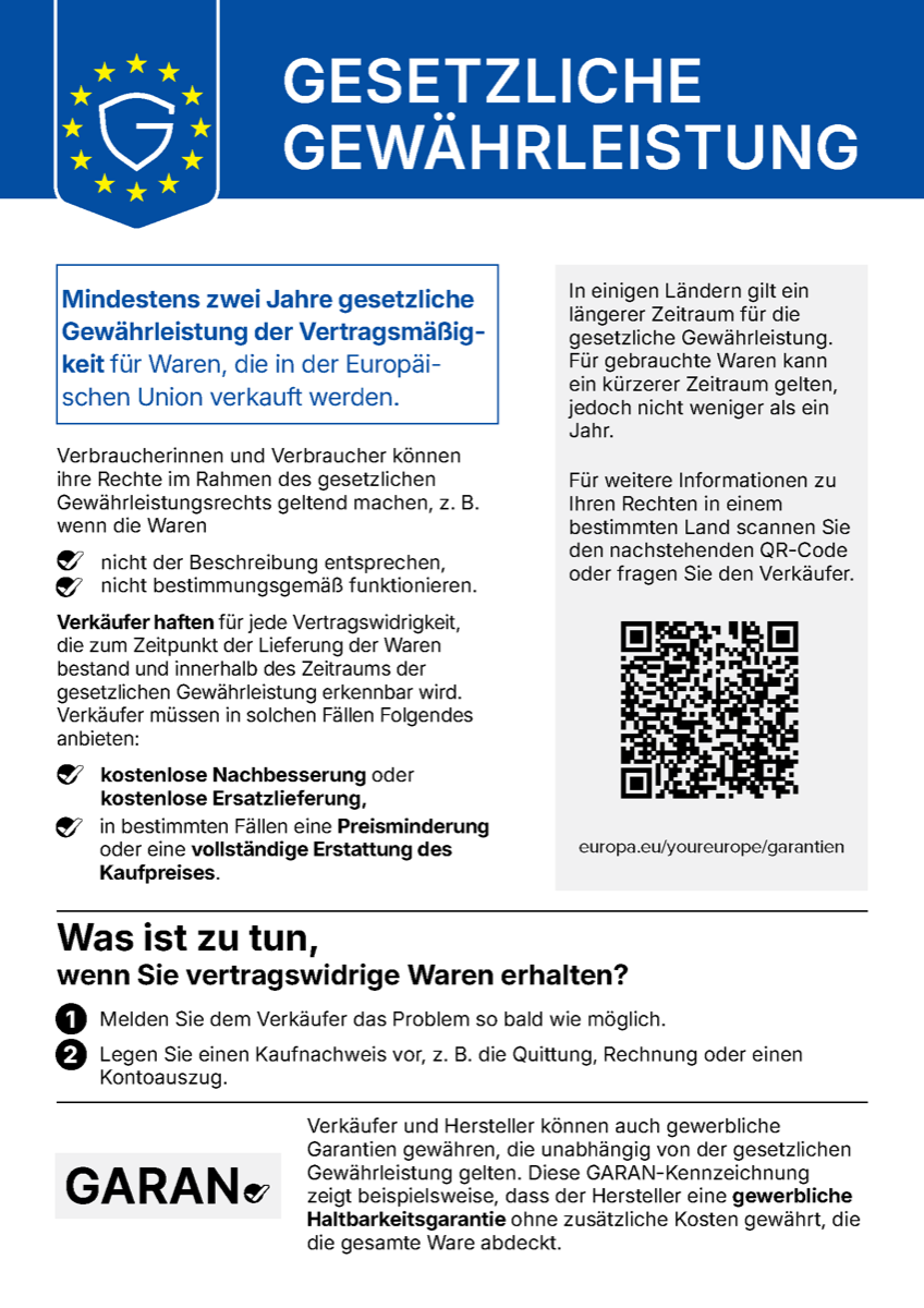 EU-Hinweis: Gesetzliche Gewährleistung – mindestens zwei Jahre gesetzliche Gewährleistung der Vertragsmäßigkeit für Waren, die in der Europäischen Union verkauft werden.